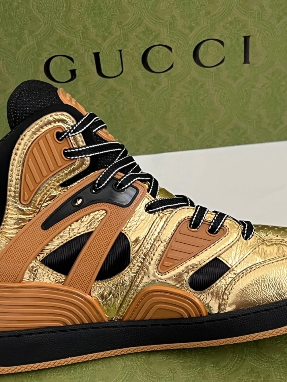 Gucci Men's Sneakers Basket Gold Black High Top Lace up Size 12 US 13 Runway New